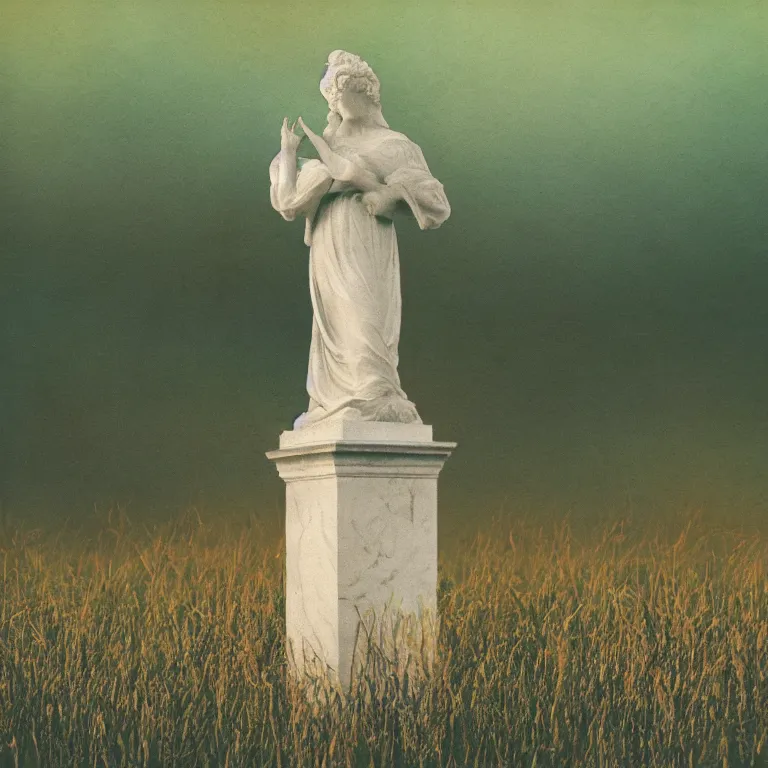 Prompt: a marble statue stained with watercolor in a field of grass, film photo, soft lighting album cover, nostalgia, gradient