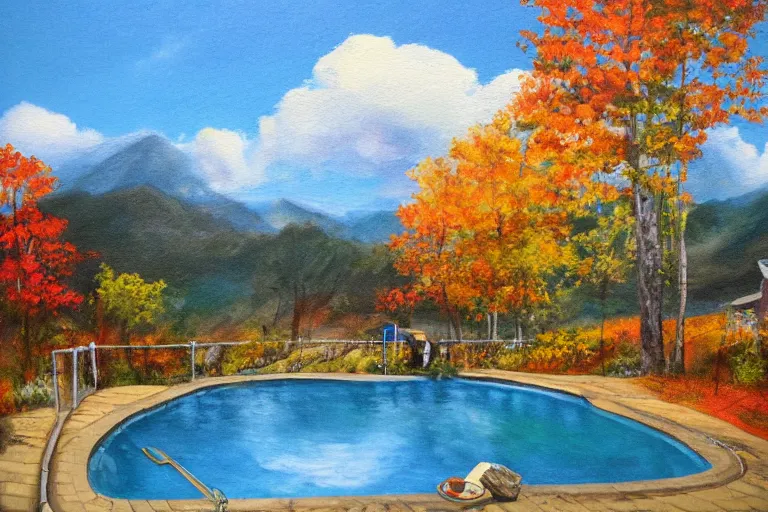 Prompt: holiday resort, hot springs pool in the mountains, relaxing, autumn, trees, steam clouds, detailed painting, trending on artstation