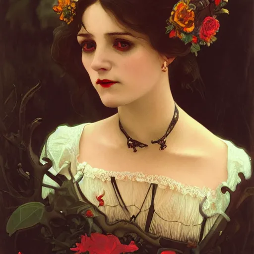 Image similar to portrait of a lady vampire, 35mm, victorian, depth of field, ominous, sharp, highly detailed, photorealistic, realistic, unreal 5, high definition, 8k, deviantart, irwin penn, Alphonse Mucha