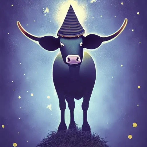 Prompt: a detailed picture of a cow made of stars and nebulas wearing a witch hat, in a grassy field, cow wearing hat!!! viewed in profile and far away, fog in the background, ultrawide lens, aerial photography, black and blue color scheme with gold highlights, art by kirby, artstation, 8 k