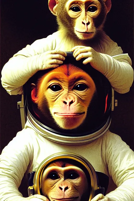 Prompt: portrait of one monkey in astronaut helmet, by bouguereau