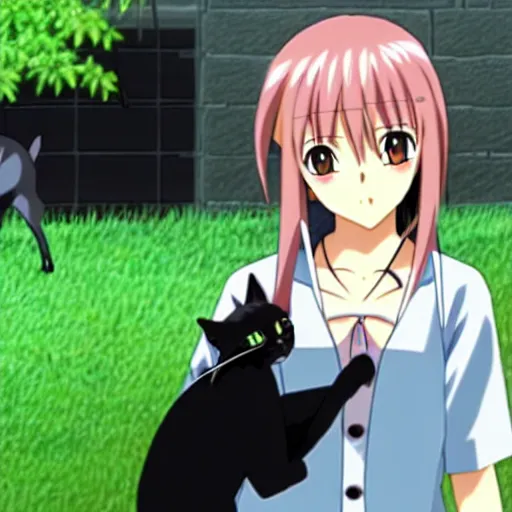 Prompt: Screenshot of Rika from the anime Higurashi no Naku Koro Ni petting a cat, Rika is petting a cute black cat, detailed eyes, detailed face