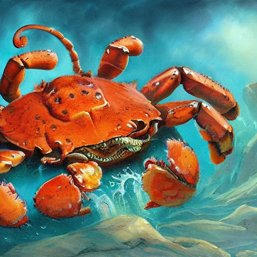 Prompt: tiger - crab creature, oil painting by justin gerard