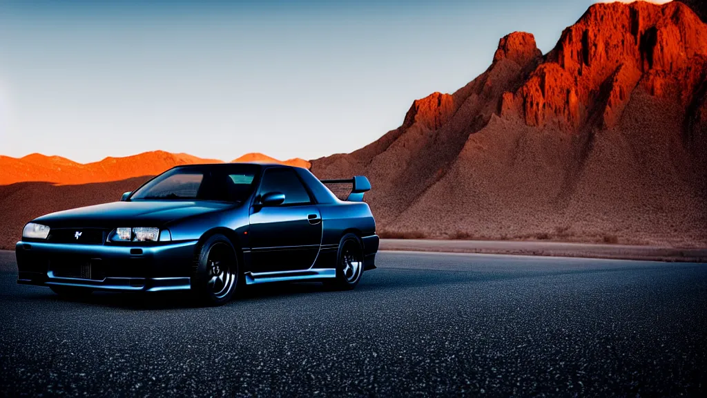 Image similar to three quarter front photo of a stock dark grey nissan r 3 2 skyline gtr on a road in a desert with a mountain in the background in the early morning, car photography, zoom lens, blue hour, photorealistic