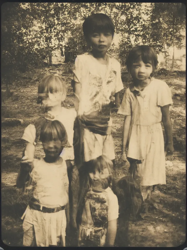 Prompt: two kids posing for a picture at night, god light, small village, town square, vegetation, 1 9 7 0 s, polaroid