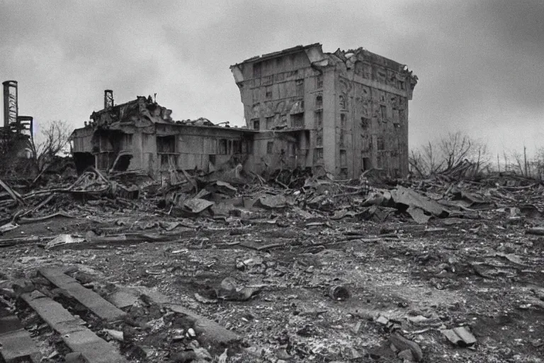 Image similar to flash photograph of soviet destroyed military building, ground zero, Radioactive Contamination, detail, 1985, creepy, dark, haunted, heavy rain, vintage photo