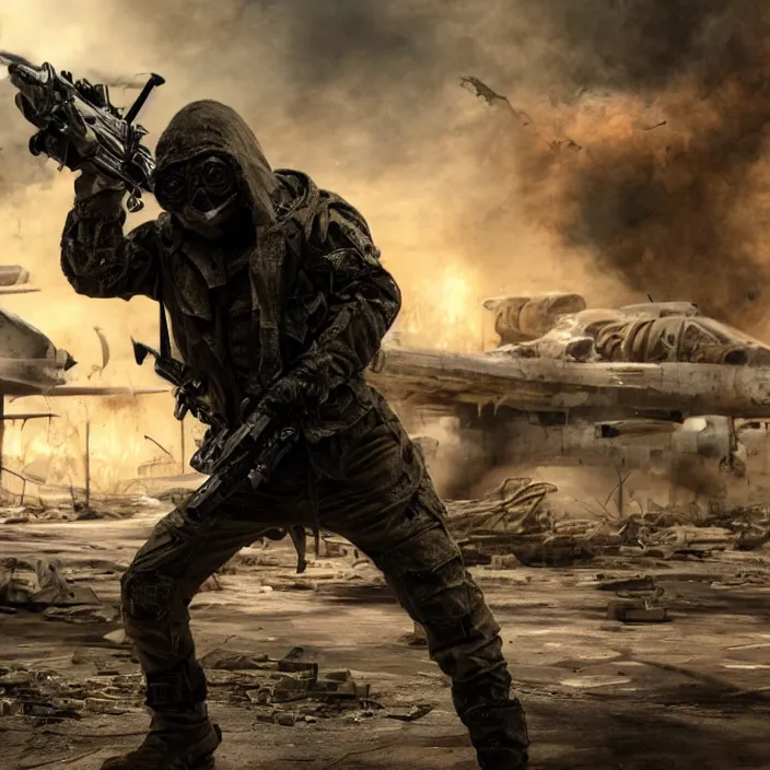 Image similar to gritty hooded apocalyptic man firing laser - rifle in destroyed airport, hyper - detailed, smooth, sharp focus, 4 k ultra hd, fantasy dark art, apocalyptic art