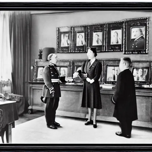 Image similar to ultra wide 1 9 4 6 historical photo 1 3 5 mm of a single german general signing a peace treaty, a young queen elizabeth holds a corgi and watches the general sign the treaty, french village interior, highly detailed, sharp focus