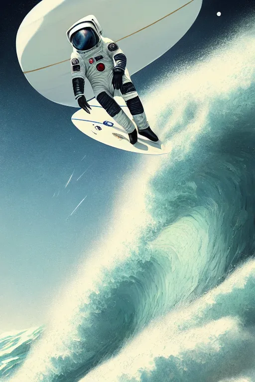 Image similar to a beautiful digital painting of an astronaut in a white space suit surfing the great wave on a surfboard by greg rutkowski, photorealistic, trending on artstation, highly detailed, intricate, unreal engine, octane render