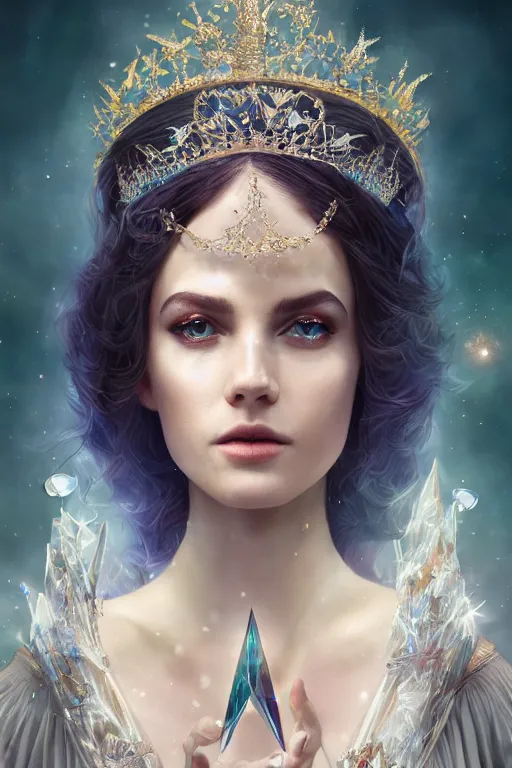 Prompt: Atmospheric detailed photography of a beautiful magician , wearing crystal fractal tiara, Symmetrical composition, fantasy long intricate gown, sharp focus, octane render, high quality, 8k, volumetric lighting, color grading, by Tom Bagshaw and James Jean and Artgerm