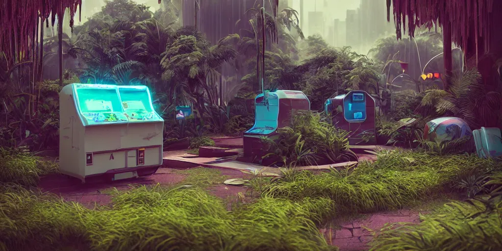 Image similar to 80s outdoor retro arcade, chrome, pastel colors, desolate, lush vegetation, moody:: by beeple and James Gilleard and Justin Gerard :: ornate, dynamic, particulate, intricate, elegant, highly detailed, centered, artstation, smooth, sharp focus, octane render, 3d