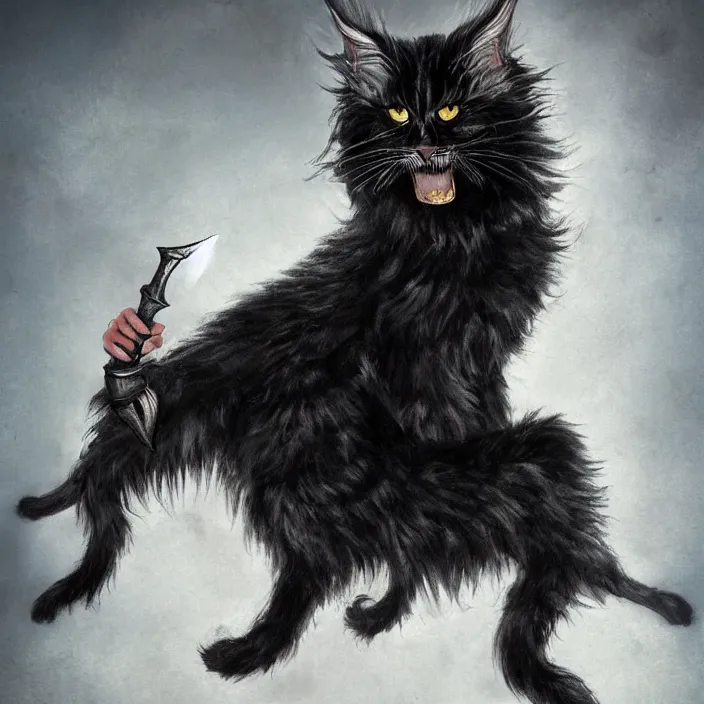 Image similar to Khajit with Maine Coon features and black fur holding two shortswords cloaked in shadow and wearing leather armor, white background, Fantasy, Tarot card style, Half Body Portrait, High detail, hyper realistic