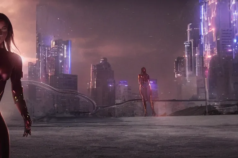Image similar to VFX movie of a futuristic inhuman alien hero woman in spandex armor in future city, hero pose, beautiful skin, night lighting by Emmanuel Lubezki