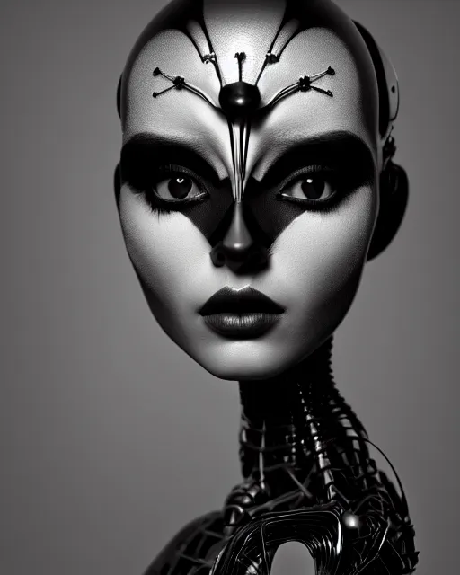 Image similar to surreal mythical dreamy dark artistic black and white fine art 3 / 4 fashion portrait photo of a young beautiful delicate female robot with orchid - owl face, rim light, cinematic, studio dramatic light, poetic, masterpiece, octane render, 8 k, photo - realistic by hg giger and man ray