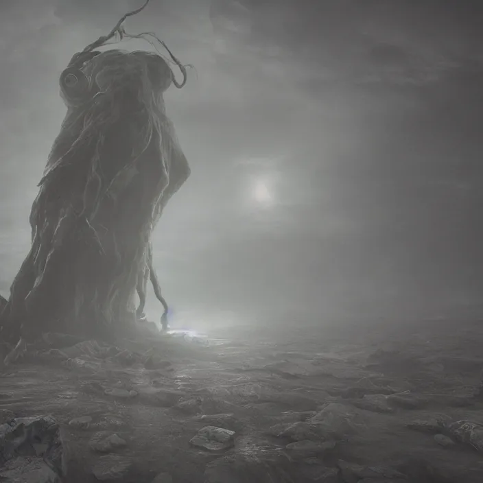 Image similar to a lovecraftian monster emerges out of the clouds, volumetric lighting, fog, atmospheric, high resolution, rendering, octane, redshift