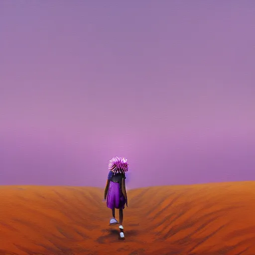 Image similar to portrait, giant purple dahlia flower head, girl walking between dunes, surreal photography, sunrise, blue sky, dramatic light, impressionist painting, digital painting, artstation, simon stalenhag