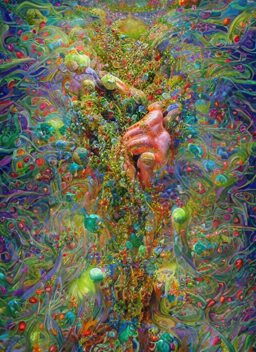 Image similar to hyper detailed 3d render like a Oil painting - Aurora (Singer) Eats of the Strangling Fruit of penance open eyes and Her Hands full of gossamer polyp blossoms bring iridescent fungal flowers whose spores black the foolish stars by Jacek Yerka, Mariusz Lewandowski, Houdini algorithmic generative render, Abstract brush strokes, Masterpiece, Edward Hopper and James Gilleard, Zdzislaw Beksinski, Mark Ryden, Wolfgang Lettl, hints of Yayoi Kasuma, octane render, 8k