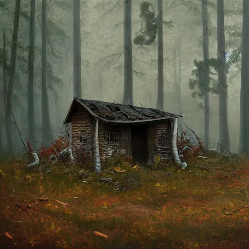 Image similar to an old broken hut in an autumn forest, huge tall mushrooms around it, green and brown tones, by Aron Wiesenfeld and beksincki, cinematic, detailed illustration, nature, fog, dark colors, suspense, intricate, 8k
