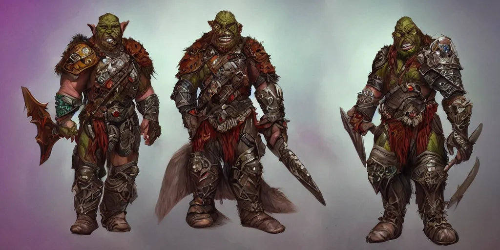 Image similar to different views of orcs in armour, colourful intricate!! concept art by senior character artist, trending on artstation, full body character design