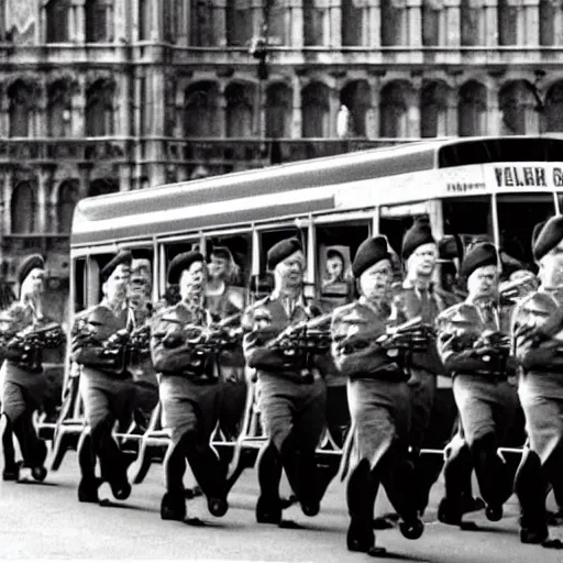 Image similar to The British armed forces parade in the magical mystery tour bus news footage