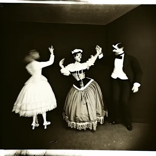 Image similar to pinhole black and white photo of a victorian living room with costumed people dancing