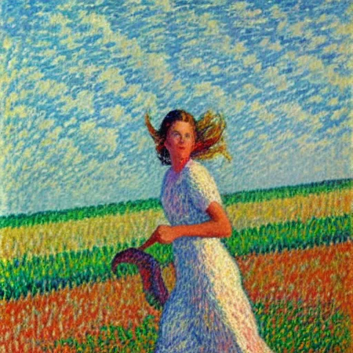 Prompt: an impressionist oil painting of girl with long hair in a white long dress running on the field in a foggy weather by paul signac