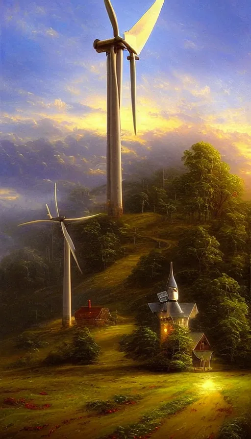 Prompt: beautiful wind turbines, art by thomas kincade