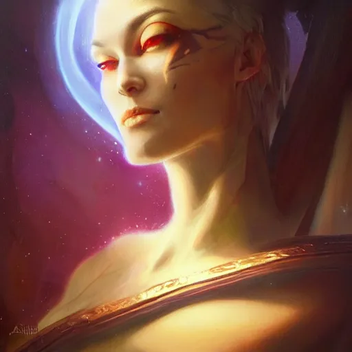 Image similar to an acrylic on canvas portrait painting of a beautiful alien priestess by Greg Rutkowski and Artgerm. Epic fantasy background.