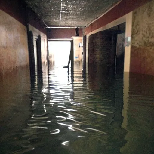 Prompt: a flooded creepy empty basement hallway with a mannequin in the water, craigslist photo