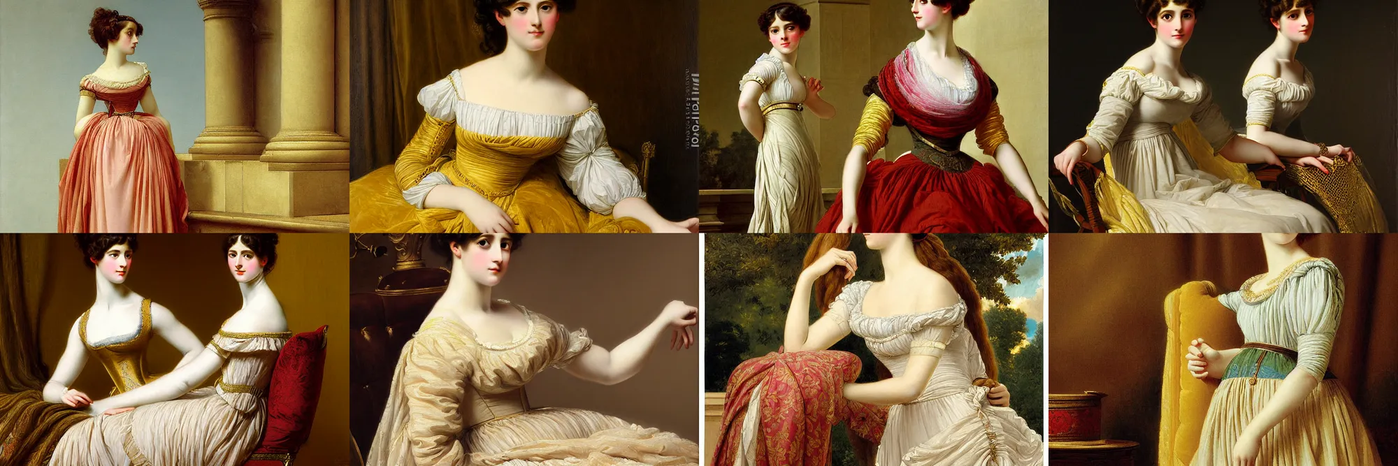 Prompt: exquisite painting of regency - era girl by vittorio reggianini, by frederic soulacroix, georgian dress, 1 8 1 0 s fashion, amazing fabric,
