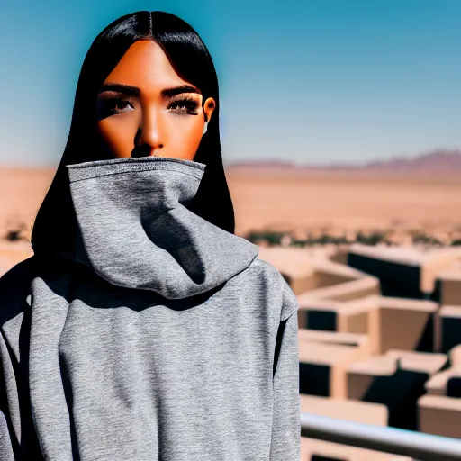 Image similar to photographic portrait of a streetwear woman, closeup, on the rooftop of a futuristic city overlooking a desert oasis, sigma 85mm f/1.4, 4k, depth of field, high resolution, 4k, 8k, hd, full color