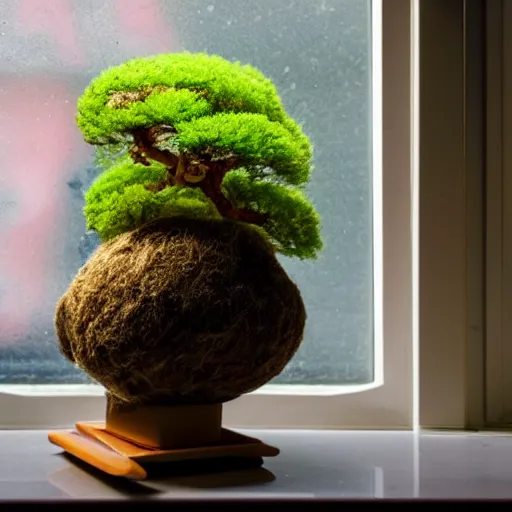 Image similar to a small kokedama on a plate in a kitchen next to a window, a small red momiji bonsai is growing from the top of the kokedama, beautiful lighting, cinematic, high detail,