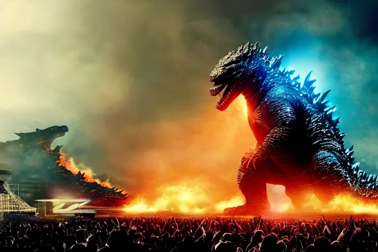 Prompt: godzilla playing the drumset, rock music, concert lights, dynamic photo, still shot from the new godzilla movie