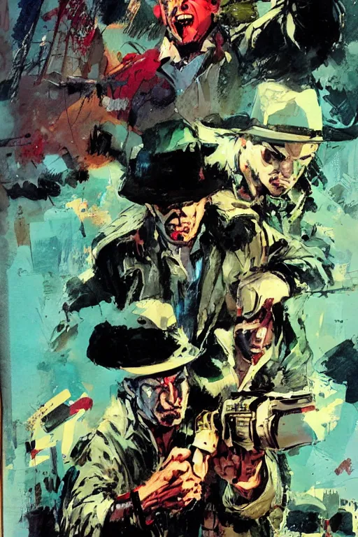 Prompt: comic cover for a book about 4 hit men arriving in the same secluded town. art by bill sienkiewicz.