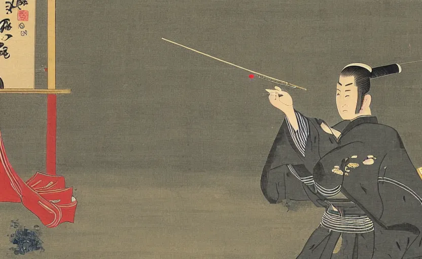 Image similar to a Japanese painting of the emperor of Japan shooting a laser gun