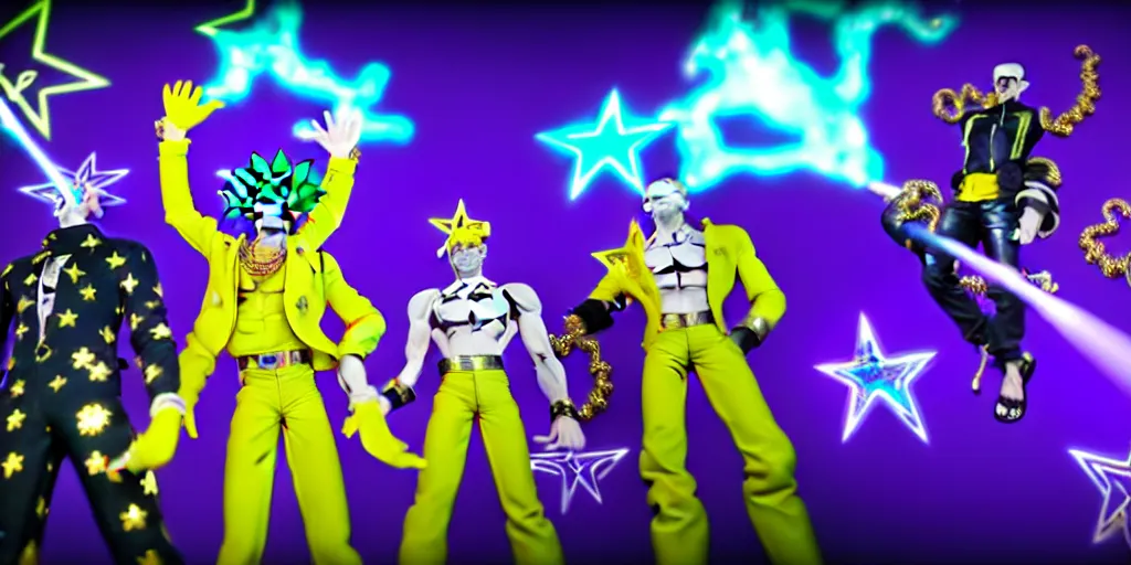 Image similar to jojo's bizarre adventure : golden wind, unreal engine 5, render, ray tracing background full of spray painted, jester plushies, crosses, and shinning stars, holography, irridescent