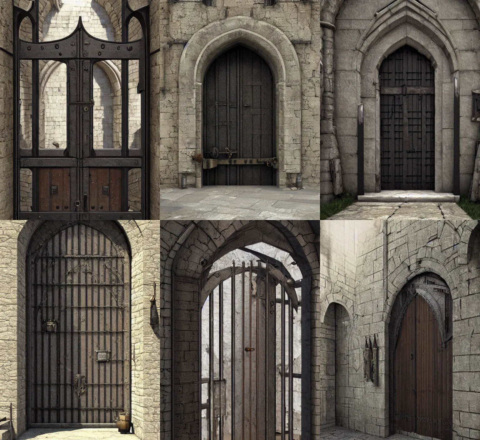 Prompt: medieval door with black steel bars and black knobs, unreal engine, greg rutkowski, joongwon jeong detailed and intricate environment