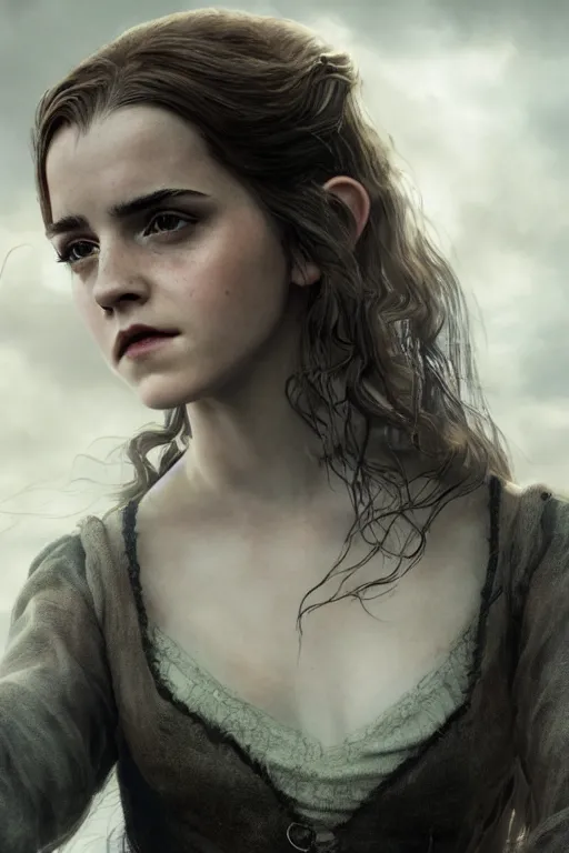 Image similar to a mix of of emma watson, anya taylor - joy and hermione granger, evil sorceress witch, lotr, movie still, hyperrealism, octane render, extremely detailed, intricate smoke magic, lace, style of mark ryden, earl nore, hyung tae, frank frazetta