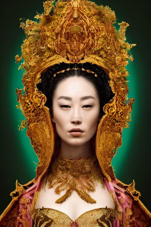 Image similar to a beautiful empress portrait, with a brilliant, impossible striking big salad headpiece, clothes entirely made out of salad, everything salad, symmetrical, dramatic studio lighting, rococo, baroque, greens, asian, hyperrealism, closeup, D&D, fantasy, intricate, elegant, highly detailed, digital painting, artstation, octane render, 8k, concept art, matte, sharp focus, illustration, art by Artgerm and Greg Rutkowski and Alphonse Mucha