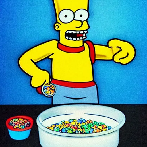 Image similar to “Bart Simpson as a real boy eating Fruit Loops”