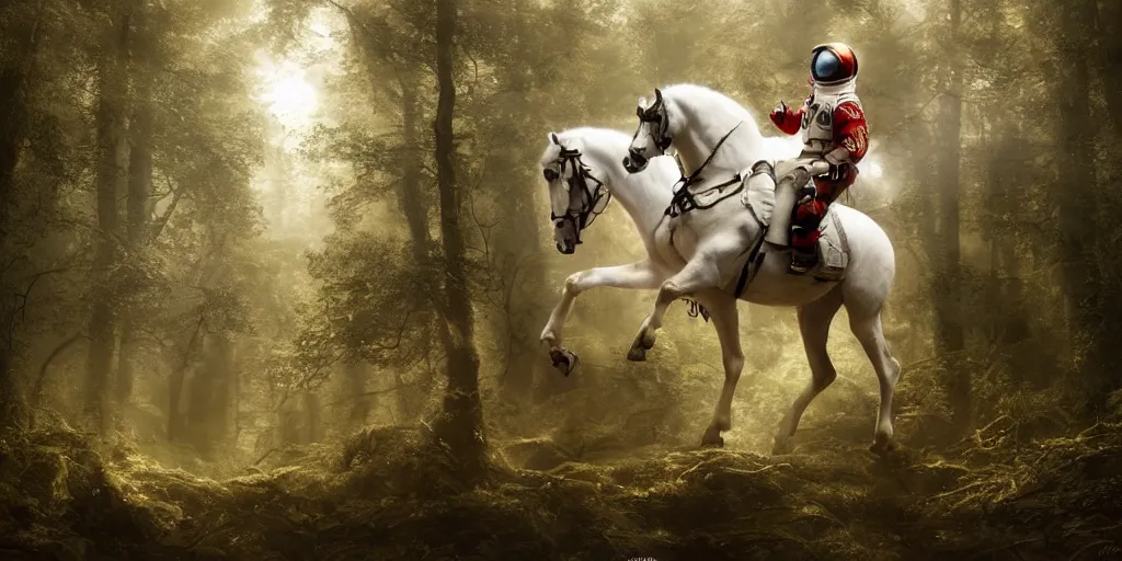 Prompt: a single astronaut riding on the back of a white horse through a forest, a detailed matte painting by frieke janssens, featured on cgsociety, fantasy art, matte painting, reimagined by industrial light and magic, matte drawing