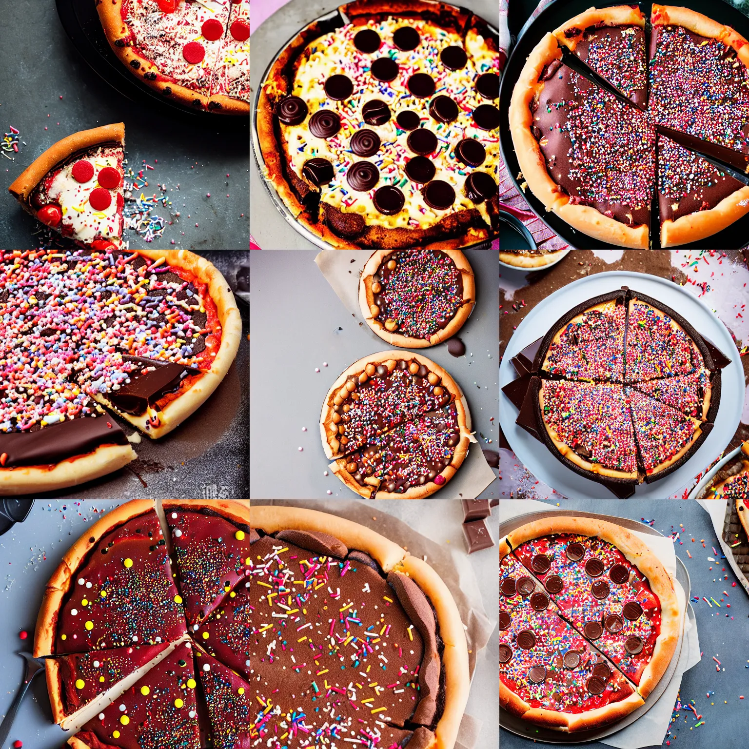 Prompt: chocolate and sprinkles in a cheesy chicago deep dish pizza, professional food photography