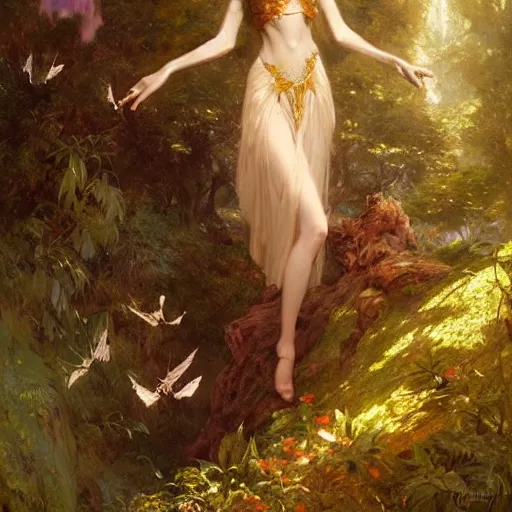 Image similar to audrey hepburn as a winged fairy in a fantasy forest, various backgrounds, highly detailed, digital painting, artstation, matte, illustration, art by gaston bussiere, greg rutkowski, tom bagshaw