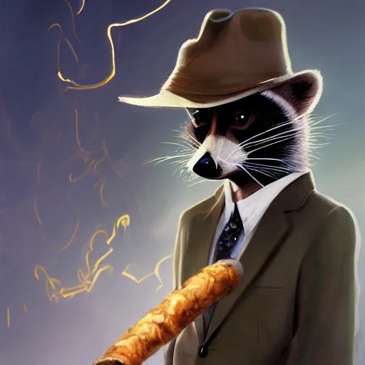 Image similar to a racoon wearing a suit smoking a cigar, dramatic lighting, cinematic, establishing shot, extremly high detail, photorealistic, cinematic lighting, artstation, style by James Gurney