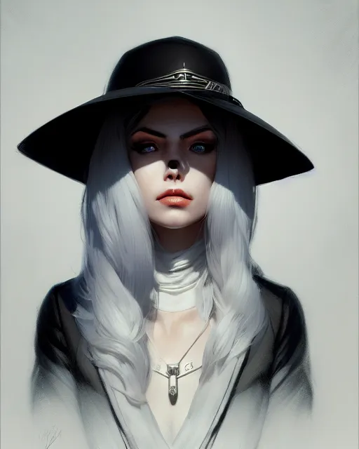 Image similar to ashe from overwatch, white hair, black hat, character portrait, portrait, close up, concept art, intricate details, highly detailed by greg rutkowski, michael whelan and gustave dore