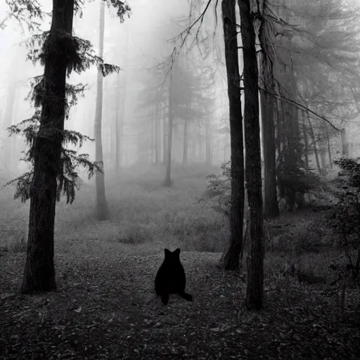 Image similar to deep misty forest with black hairy demon behind the tree, monochrome lomography