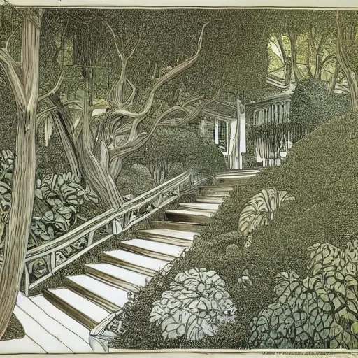 Image similar to old white house stairs into lush garden, drawing moebius