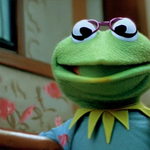 Image similar to a still of kermit the frog in spirited away,