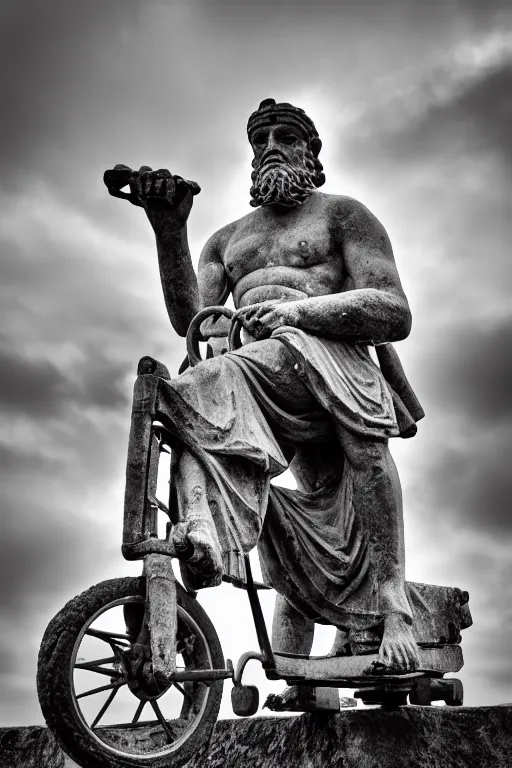 Image similar to photo of the ancient statue of biker on the tricycle, symmetrical, cinematic, real dlsr photography, sharp focus, 4 k, ultra hd, sense of awe, archeology journal cover