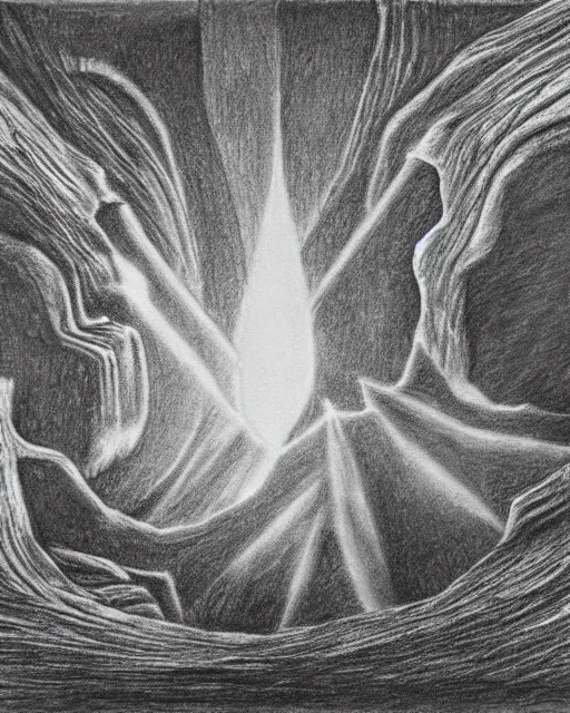 Image similar to a pencil drawing of an abyss 1970s